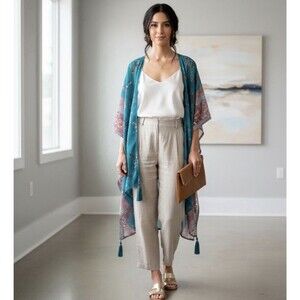 Long poncho/cardigan boho one size fits all open front Lace Flowers Relaxed